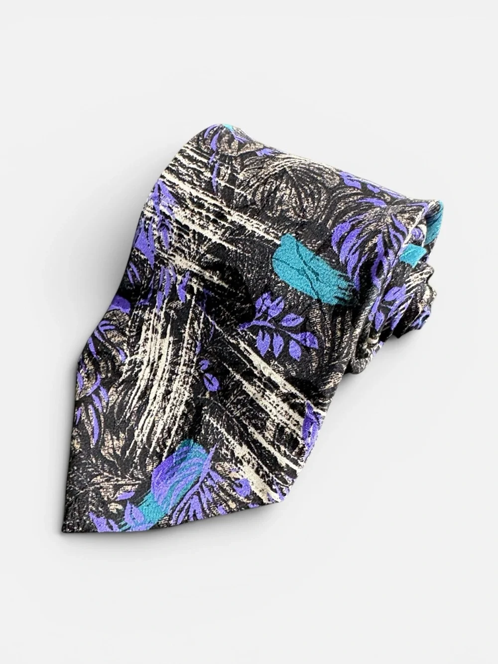 Pavone mens blue black floral abstract pattern 100% silk neck tie EUC